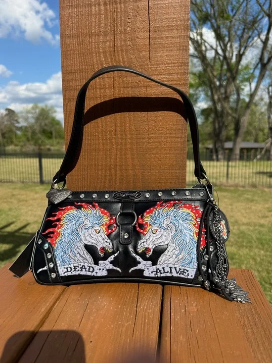 NWT Ed Hardy Black Shoulder Bag with Twin Unicorn Embroidery - Picture 4 of 10